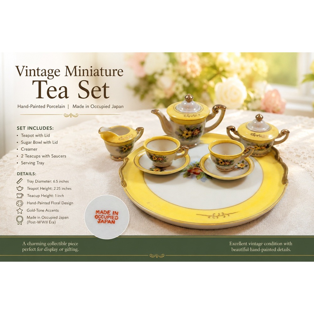 Vintage Occupied Japan Miniature Tea Set Yellow Floral Porcelain 9 Piece Tray